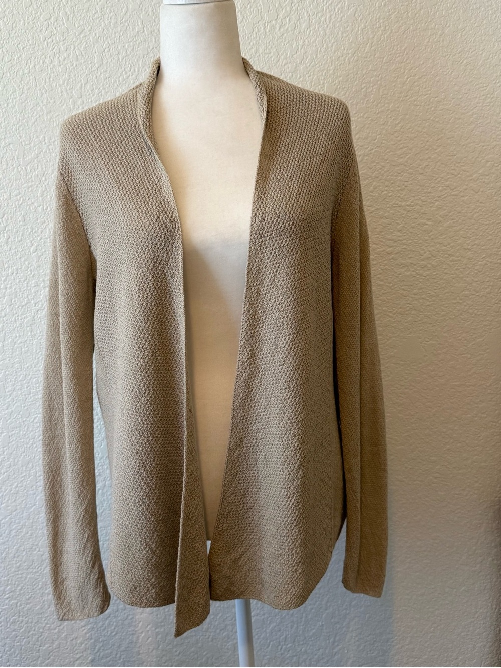 Eileen Fisher 100% Wool Open Front Cardigan Sweater Beige Tan L